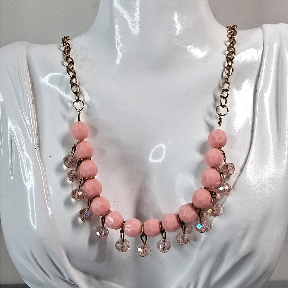 Pink and Gold Tone Beaded & Chain Necklace Faceted Feminine Simple Basic‎